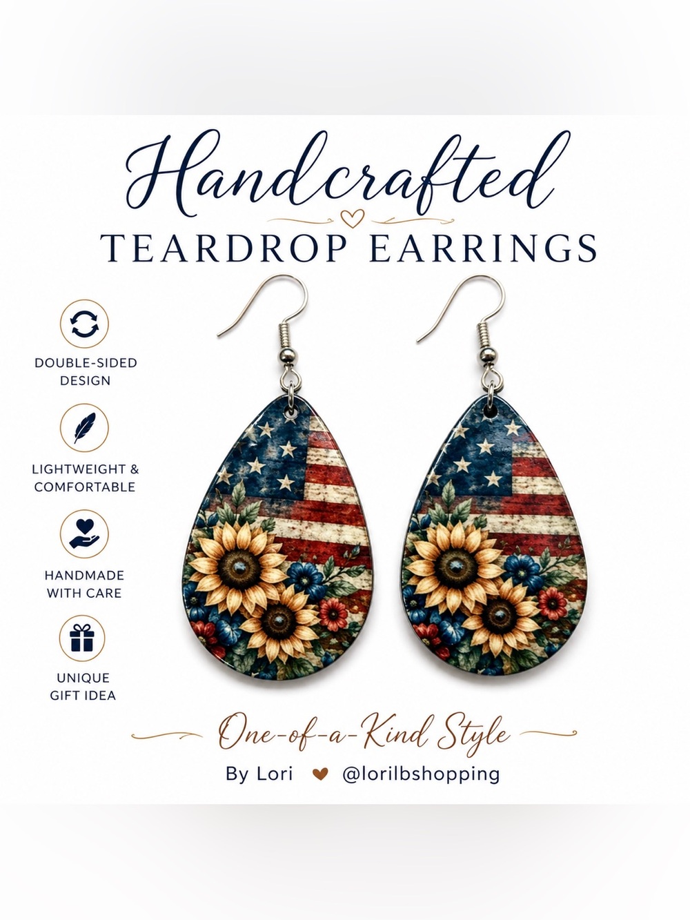 Patriotic Sunflower Teardrop Earrings | Handmade Double-Sided Dangle Earrings